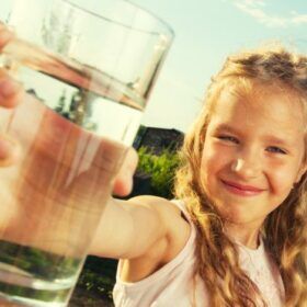 Girl showing clean water in a glass